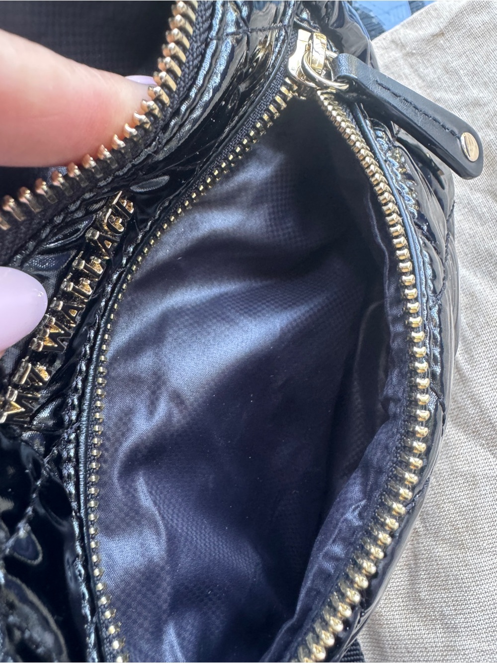 MZ Wallace Small Quilted Patent Leather Crossbody Sling Belt Bag Black Lacquer - Picture 9 of 14